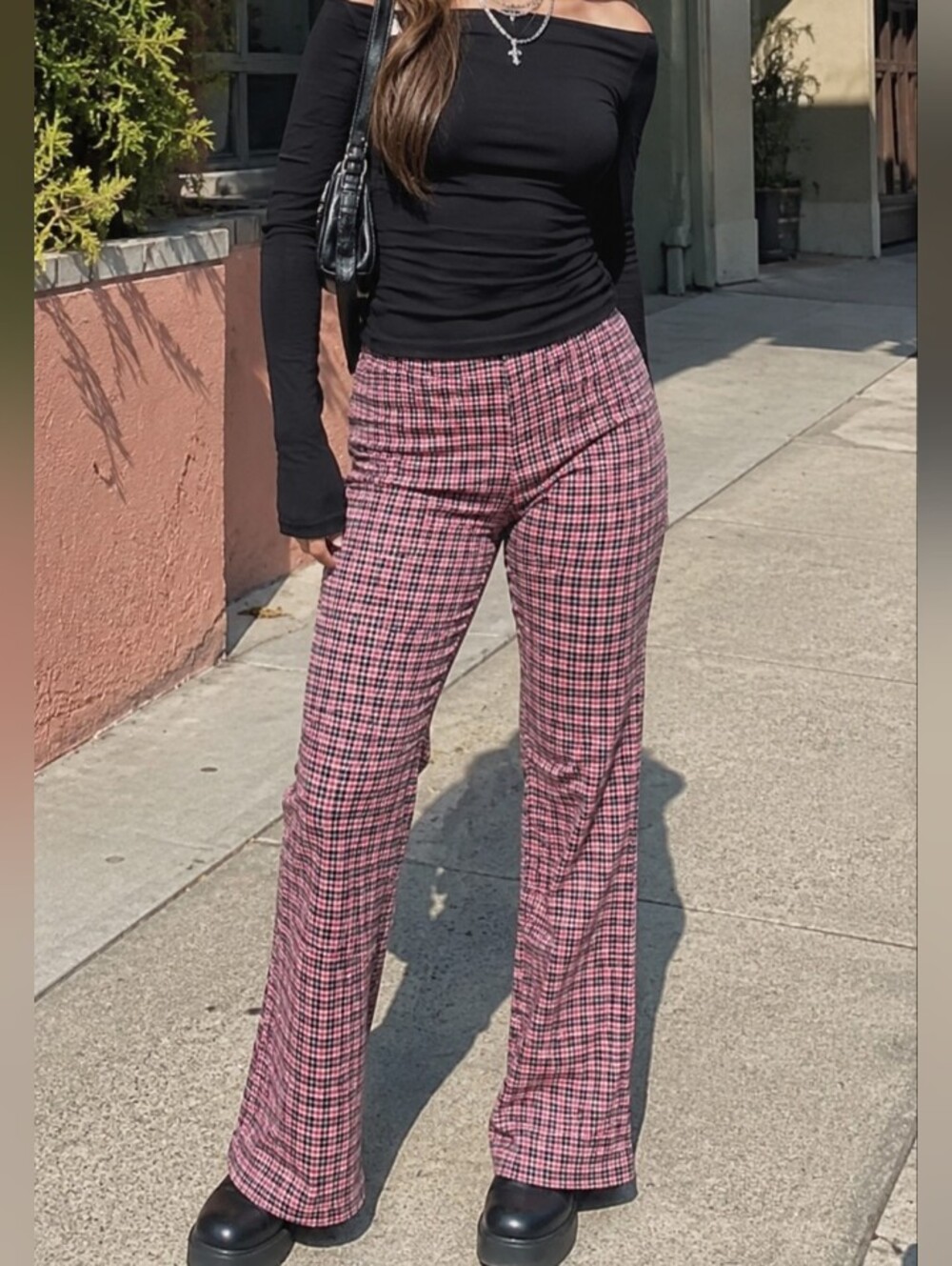 Urban Outfitters Pink Black Plaid Bootcut Flare Pants Y2K Preppy